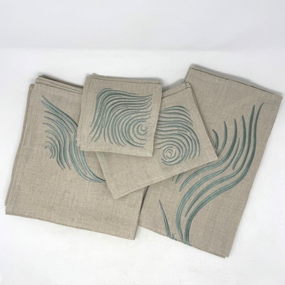 Viabrava 100% Linen Embroidered Placemats Napkins 19 Pieces Abstract Tropical